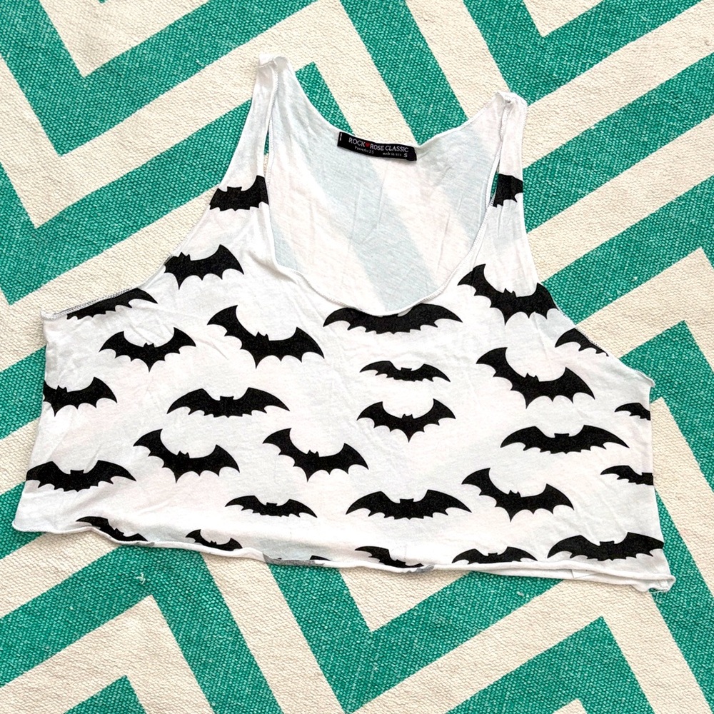 NWOT White and Black Bat Print Crop Top